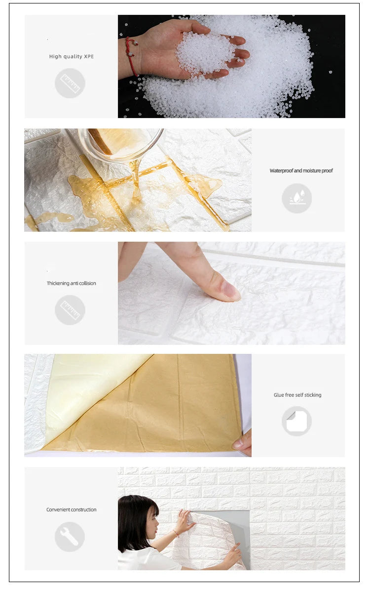 Painel de Parede 3D Autocolante Padrão Tijolo | Impermeável DIY