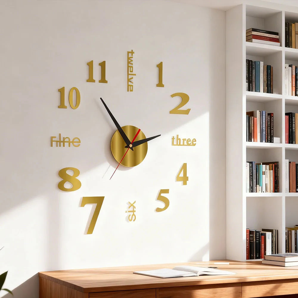 Relógio de Parede 3D Espelhado DIY – Autoadesivo, Sem Moldura